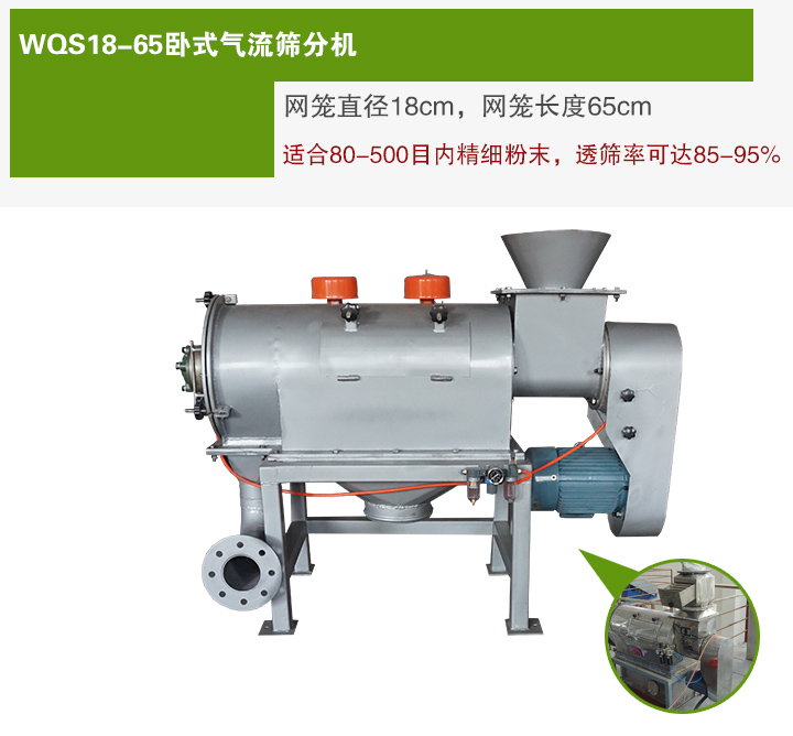 WQS18-65臥式氣流篩分機(jī)網(wǎng)籠直徑為18cm，網(wǎng)籠長(zhǎng)度為65cm